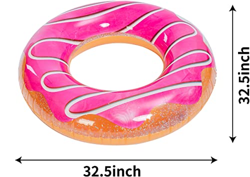 Pack of 3 Inflatable Donut Pool Tubes include one Strawberry Dream Donut Tube, one Chocolate Glaze Donut Tube, one Sparkle Mint Donut Tube Inflated size for the rings is 32.5 inches, Great for Adults & Kids Great Pool Float, Pool Toys, Party Supply for kids summer fun, summer pool parties decorations Made of high quality vinyl, thicker material delivery better quality and more durable than any other products in the market Bright and Sparkle your summer to add more fun! The Glitters inside will reflect light and sparkle in the sunshine so your tubes looks great