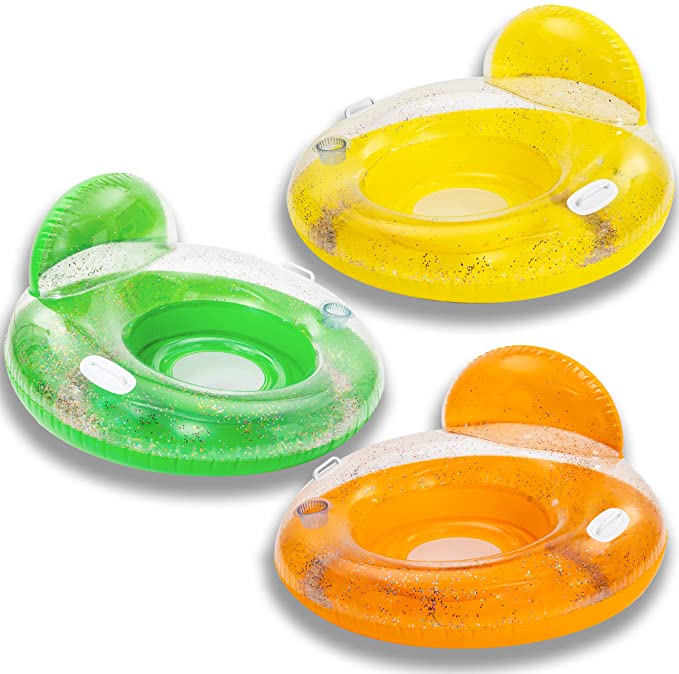 3 Packs 43 Glitters Inflatable Pool Lounger Float with Backrest Cup Holder Inflatable Swimming Pool Tube Summer