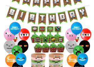 Pixel Style Gamer Party Supplies, Miner Theme Birthday Party Favors and Decors Set